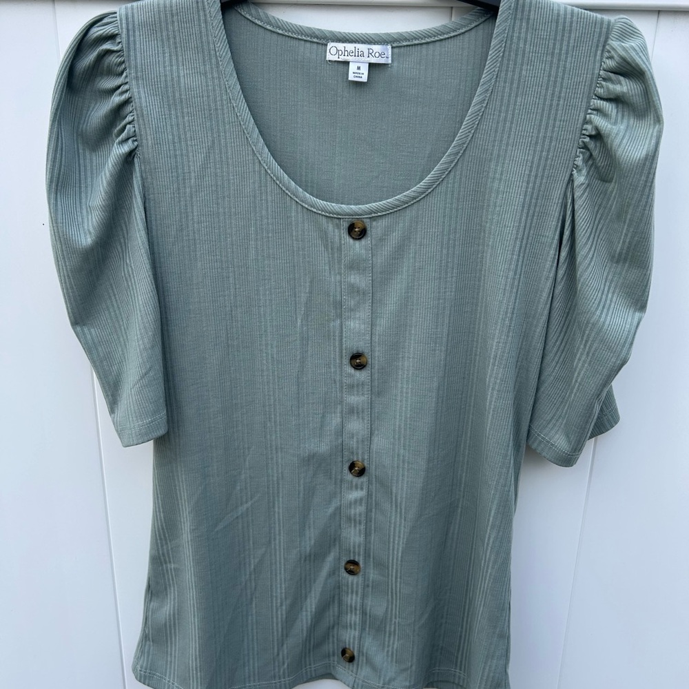 Green Puff Sleeve Ribbed Blouse